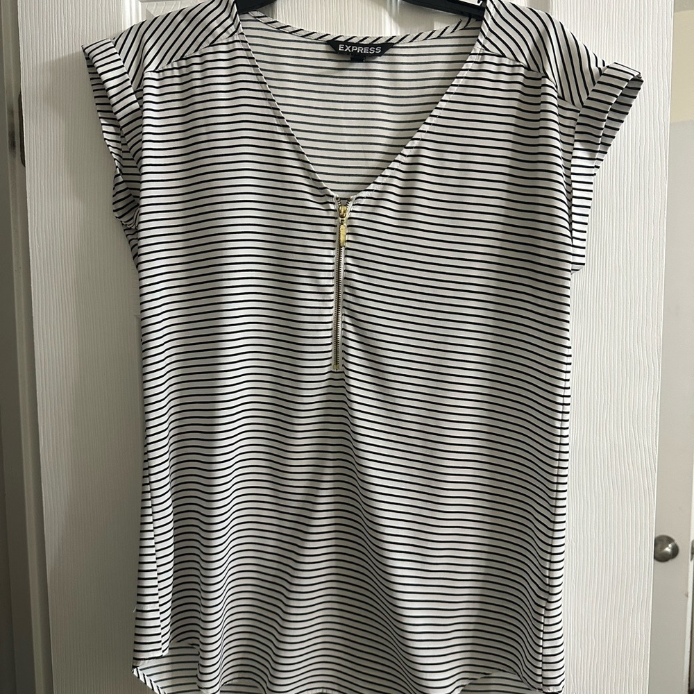 Express V-Neck Black and White Striped Blouse